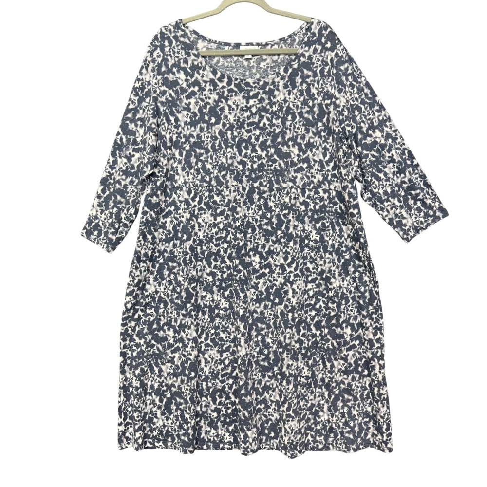 J Jill Pure Jill Dress Women 2X Blue Floral Knit 3/4 Sleeve Pockets Empire Waist